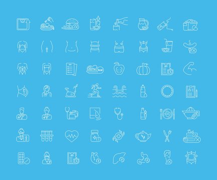 Vector graphic set. Icons in flat, contour, thin, minimal and linear design.Medicine. Nutritionist.Disease, treatment, care about health of body.Concept illustration for Web site.Sign, symbol.