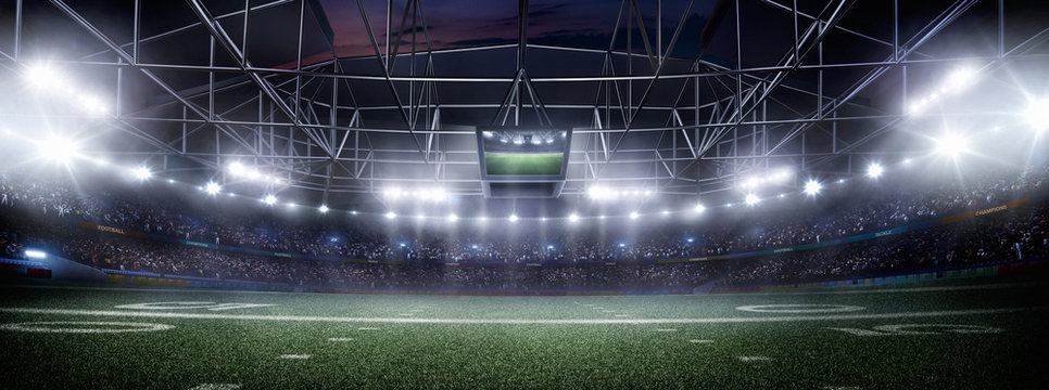 empty american football stadium 3D in light rays at night render