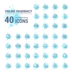 Vector graphic set.Icons in flat, contour,thin, minimal and linear design.Online pharmacy shopping.Mobile medical advice.Simple isolated icon.Concept illustration for Web site app.Sign,symbol,element.