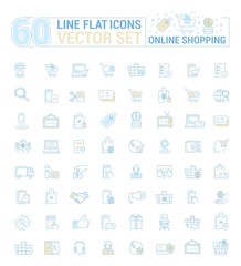 Vector graphic set. Icons in flat, contour,thin, minimal and linear design.Online shopping. Internet shop.Order,purchase, payment.Simple isolated icons.Concept of web site and app.Sign,symbol,element.