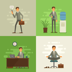 Cool vector flat design business characters. Corporate specialists friendly smiling. Man going to work, drinking coffe, meditating and relaxing, hard working. Trendy greenery background of 2017.