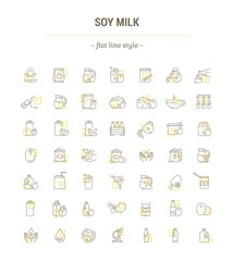 Fototapeta na wymiar Vector graphic set. Icons in flat, contour, thin, minimal and linear design.Soy milk. The natural green product. Herbal nutrition.Simple isolated icons.Concept illustration for Web site.Sign, symbol.