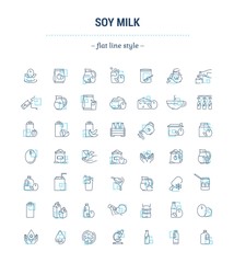 Vector graphic set. Icons in flat, contour, thin, minimal and linear design.Soy milk. The natural green product. Herbal nutrition.Simple isolated icons.Concept illustration for Web site.Sign, symbol.