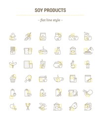 Obraz na płótnie Canvas Vector graphic set. Icons in flat, contour, thin, minimal and linear design.Soy products. natural vegetable food..Simple isolated icons.Concept illustration for Web site.Sign, symbol.
