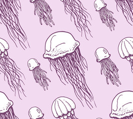 seamless pattern with jellyfishes on rose background © sokolovaju