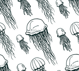 seamless pattern with contour of jellyfishes on white background © sokolovaju
