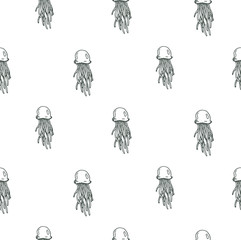 seamless pattern with contour of jellyfishes on white background © sokolovaju