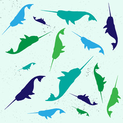 seamless pattern with narwhal colored silhouettes © sokolovaju