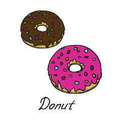 Donut in chocolate and raspberry glaze, hand drawn doodle, sketch in pop art style, vector
