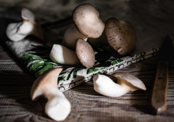 Fresh mushrooms on a wooden background. Rustic style. Selective focus