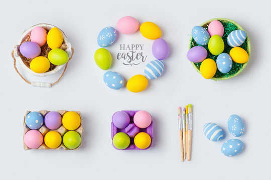 Easter holiday handmade eggs decorations for mock up template design. View from above. Flat lay