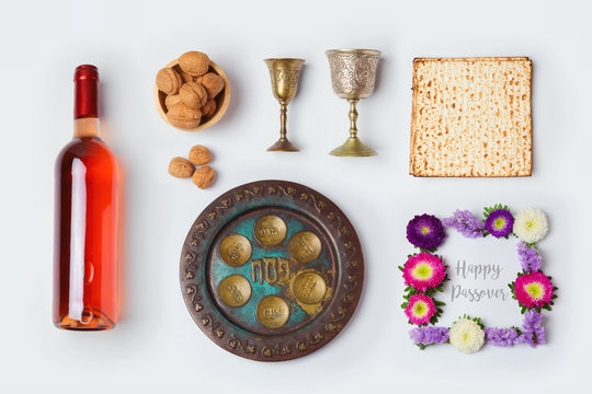 Jewish holiday Passover objects for mock up template design. View from above. Flat lay