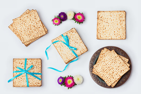 Jewish holiday Passover food for mock up template design. View from above. Flat lay