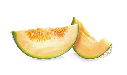 Melon pieces on white background