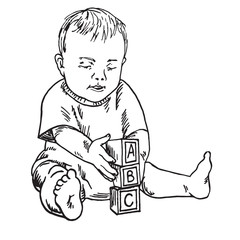 Beautiful baby learning while playing with a b c blocks, hand drawn doodle, sketch in pop art style, vector