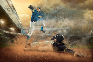 Baseball players in action on the stadium.