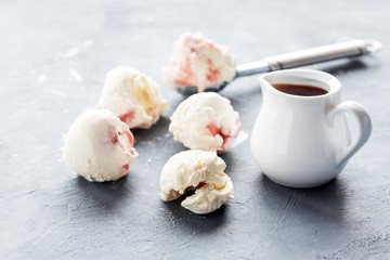 Vanilla  balls on background Scoop of vanilla ice cream Copy space