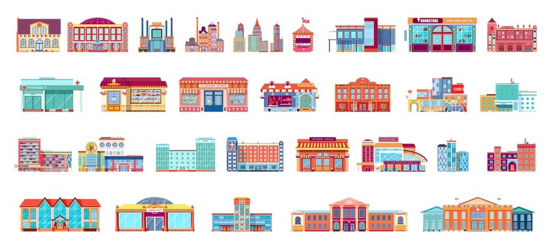 Vector set isolated icons architecture buildings in flat style