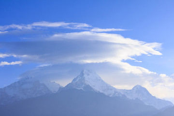 Naklejka na ściany i meble Annapurna mountain range view from Poonhill, famous trekking destination in Nepal.