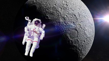 Naklejka premium astronaut in front of the far side of the Moon (3d illustration, elements of this image are furnished by NASA)