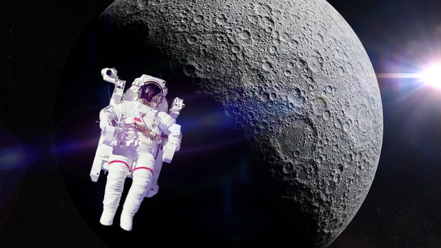 astronaut in front of the far side of the Moon (3d illustration, elements of this image are furnished by NASA)