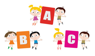 Cartoon children with colored letters in hands.