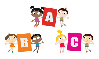 Cartoon children with colored letters in hands.