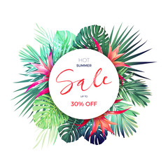 Naklejka premium Summer vector floral sale banner. Tropical template design with palm leaves and red guzmania flowers.