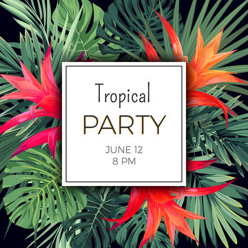 Hawaiian vector floral banner template for summer beach party. Tropical flyer with green exotic plants and red flowers.