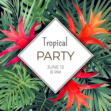 Customizable vector floral design template for summer beach party. Tropical flyer with green exotic plants and red flowers.
