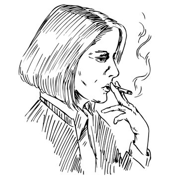 The young woman smoking a cigarette, hand drawn doodle, sketch in pop art style, vector illustration