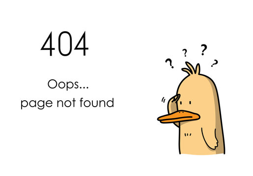 404 Error Page Not Found Website Banner, a confused duck cartoon can't find the internet page.