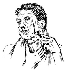Man shaving, hand drawn doodle, sketch in pop art style, vector illustration