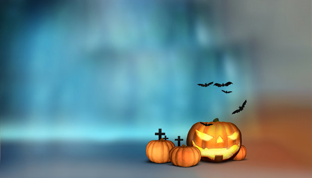 halloween 3d render pumpkins with cross and bats at halloween deep forest night