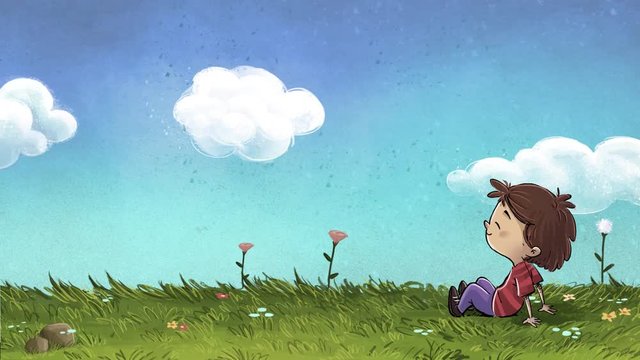 Ni&ntilde;o en el campo. Prado con nubes, hierbas y flores