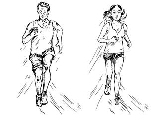 Young girl and man running in sportswear, hand drawn doodle, sketch in pop art style, vector illustration