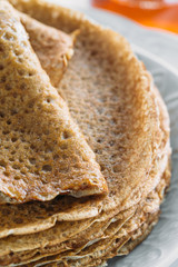 Pancakes or crepe in a frying pan. Fresh, delicious dessert