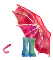 watercolor sketch of pair rain boots and red umbrella isolated on white background