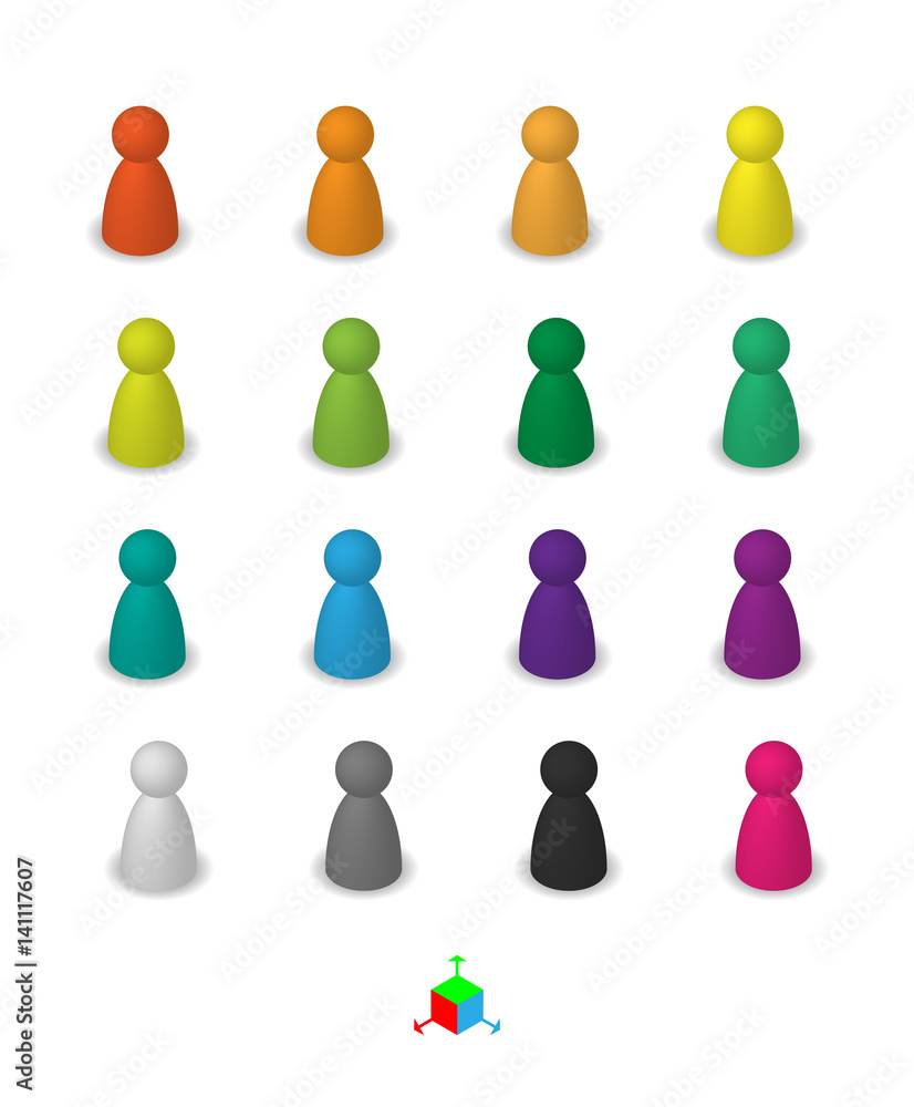 Wall mural different leisure game pawn figures, concept for diverse group of people. cutout, isolated on white.