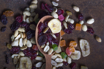 Peanuts, raisins and candied fruits - healthy breakfast