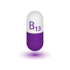 Vitamin B13. Orotic acid. Two-tone capsule on a white background. Design element. Vector illustration.