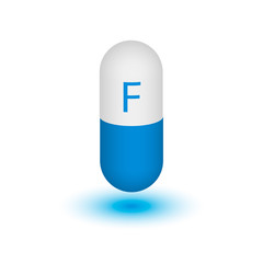 Fluorine symbol on the capsule. Item Number 9 on the periodic table of elements. A medical drug. Design element. Vector illustration.