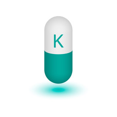 The icon of the potassium mineral of blue color. Vector 3D pill capsules potassium is a mineral and vitamin complex. A healthy lifestyle medical and food additive. Two-tone capsule. Design element.