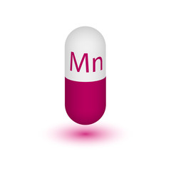 Mineral Manganum pill capsule icon . Mineral-vitamin complex with the chemical formula . Vector illustration. Two-tone capsule on a white background. A vital element.