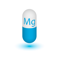 Icon of magnesium mineral blue. Vector 3D pill capsules vitamin-mineral complex. A healthy lifestyle medical and food additive. Design element. Two-tone capsule.