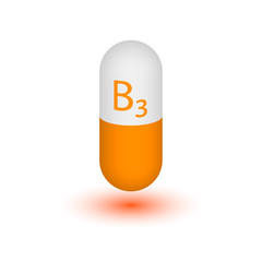 Symbol vitamin B3 isolated on white background. Nicotinamide. Nicotinic acid. Niacinamide. Two-tone capsule. Vector image. The element design.