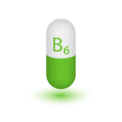 Icon tablets of vitamin B6. Pyridoxine supply. Adermin. Two-tone capsule on a white background. Vector illustration. Design element.