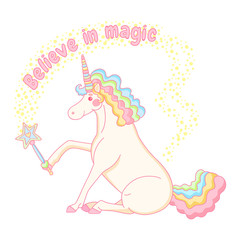Believe in magic. Cute vector illustration with unicorn, stickers, pins, patches in cartoon style on a white background. 