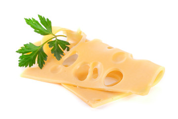 cheese slice with leaf parsley isolated on white background cutout