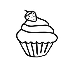 Chocolate sand basket with whipped cream and strawberries on top.Sweet dessert for tea. Coloring - outline